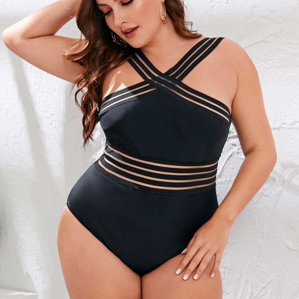 Plus Contrast Mesh Criss Cross One Piece Swimsuit